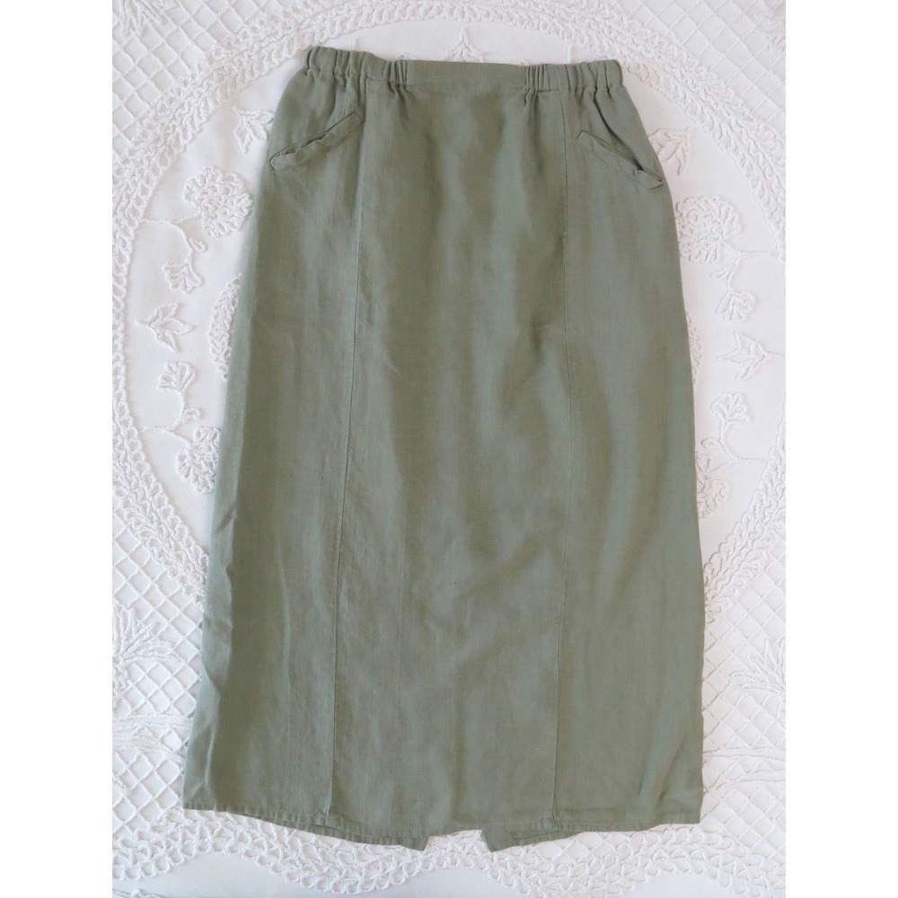 FLAX Vintage Linen Maxi Skirt Sage Green Olive Elastic Waist Pockets Medium